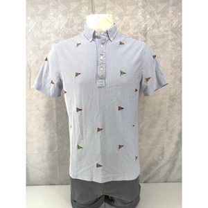 Ralph Lauren Shirt Men Medium Blue Striped Polo Button Preppy Flags Nautical
